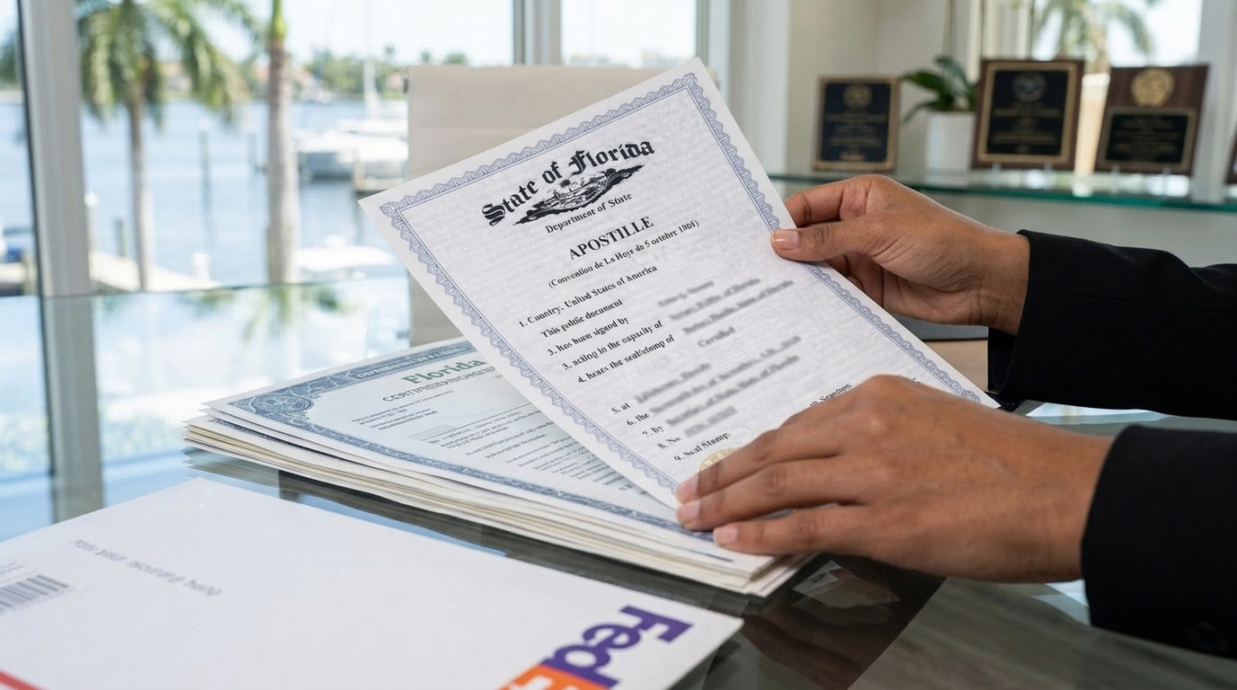 Preparing the Florida apostille request paperwork in Palm Beach County