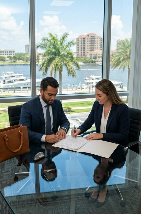 Palm Beach County notary handing apostilled documents to a client